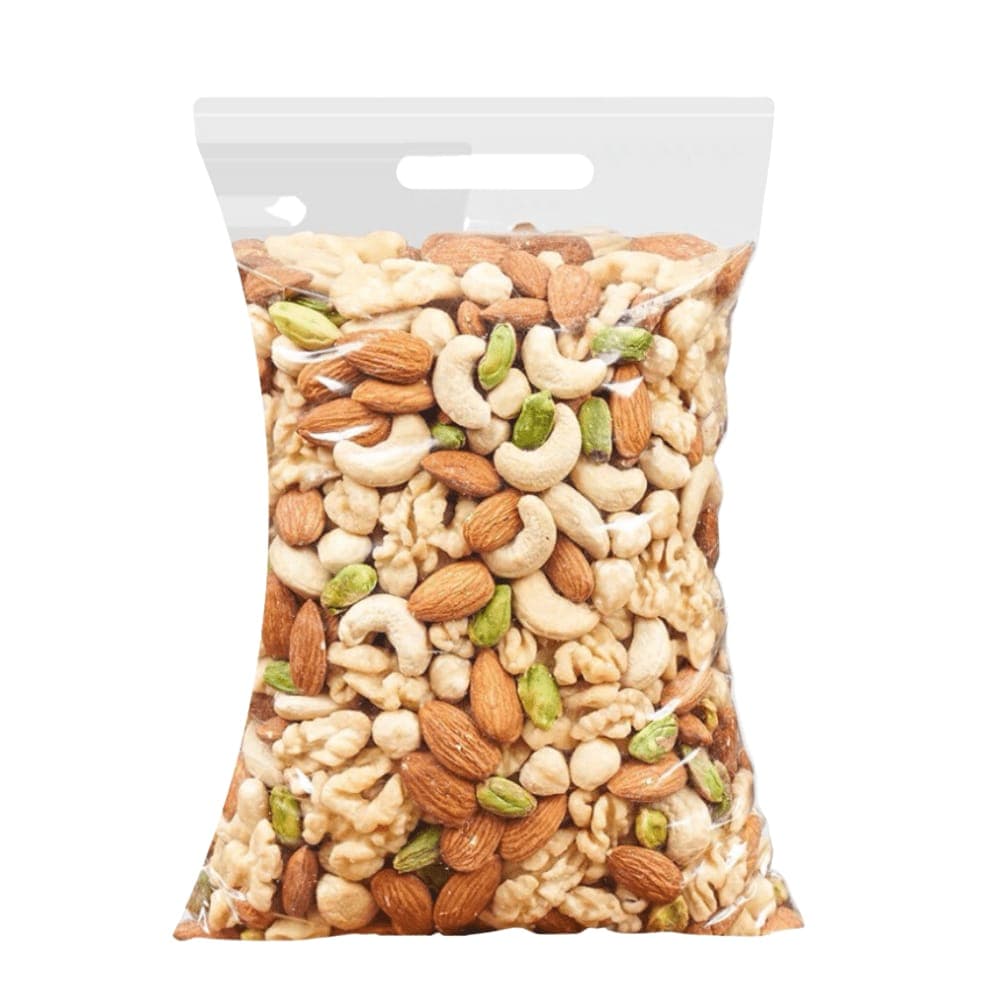 A clear bag of BM mixed dry fruits: almonds, cashews, walnuts and pistachios