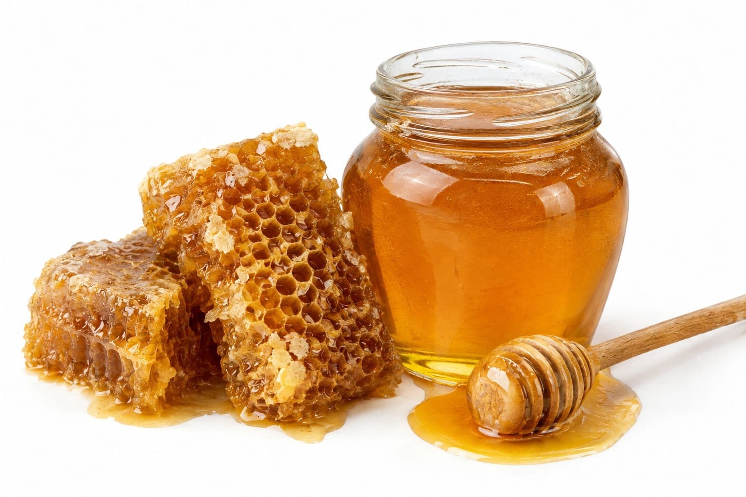 A jar of BM Shehad Afghani honey beside honeycomb
