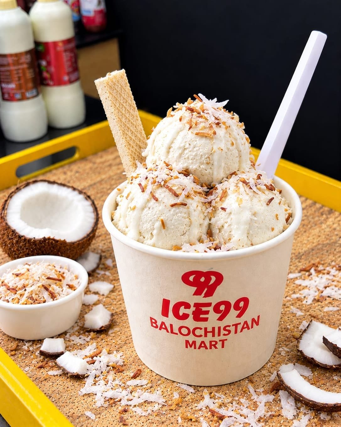 ICE99 coconut ice cream with toasted coconut in a Balochistan Mart cup
