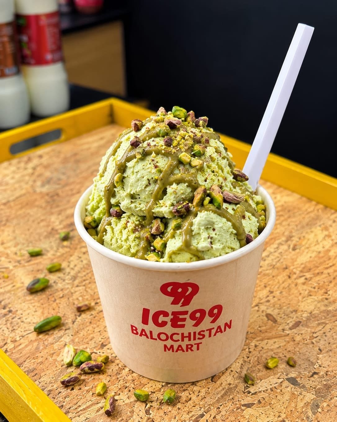 ICE99 pista ice cream with pistachios in a Balochistan Mart cup