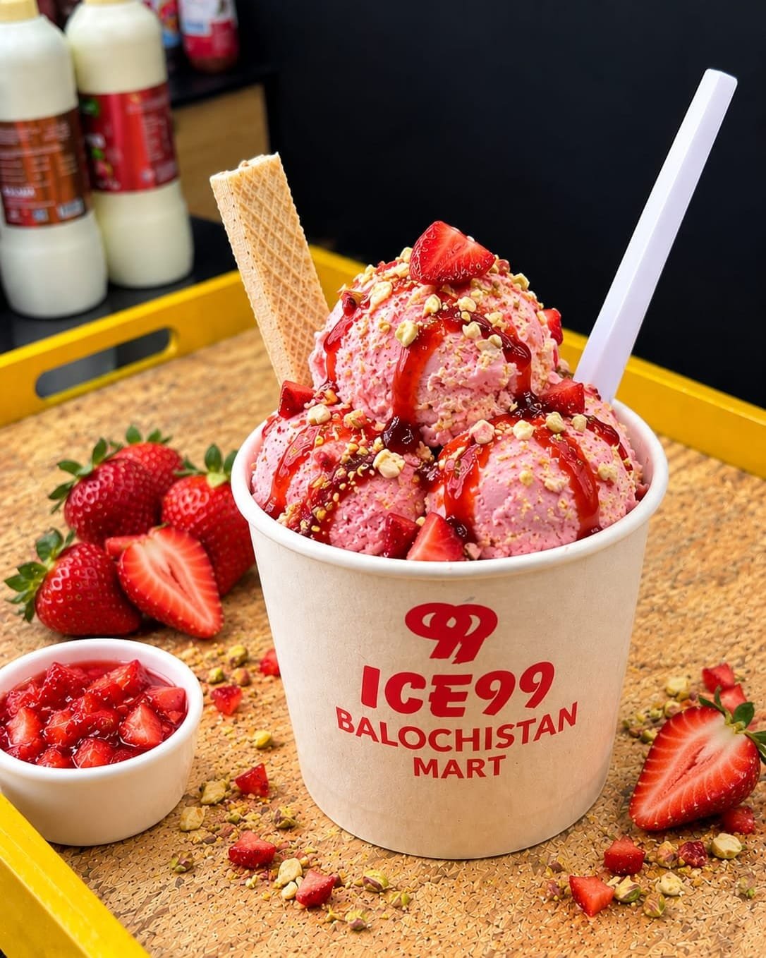 ICE99 strawberry ice cream with fresh strawberries in a Balochistan Mart cup
