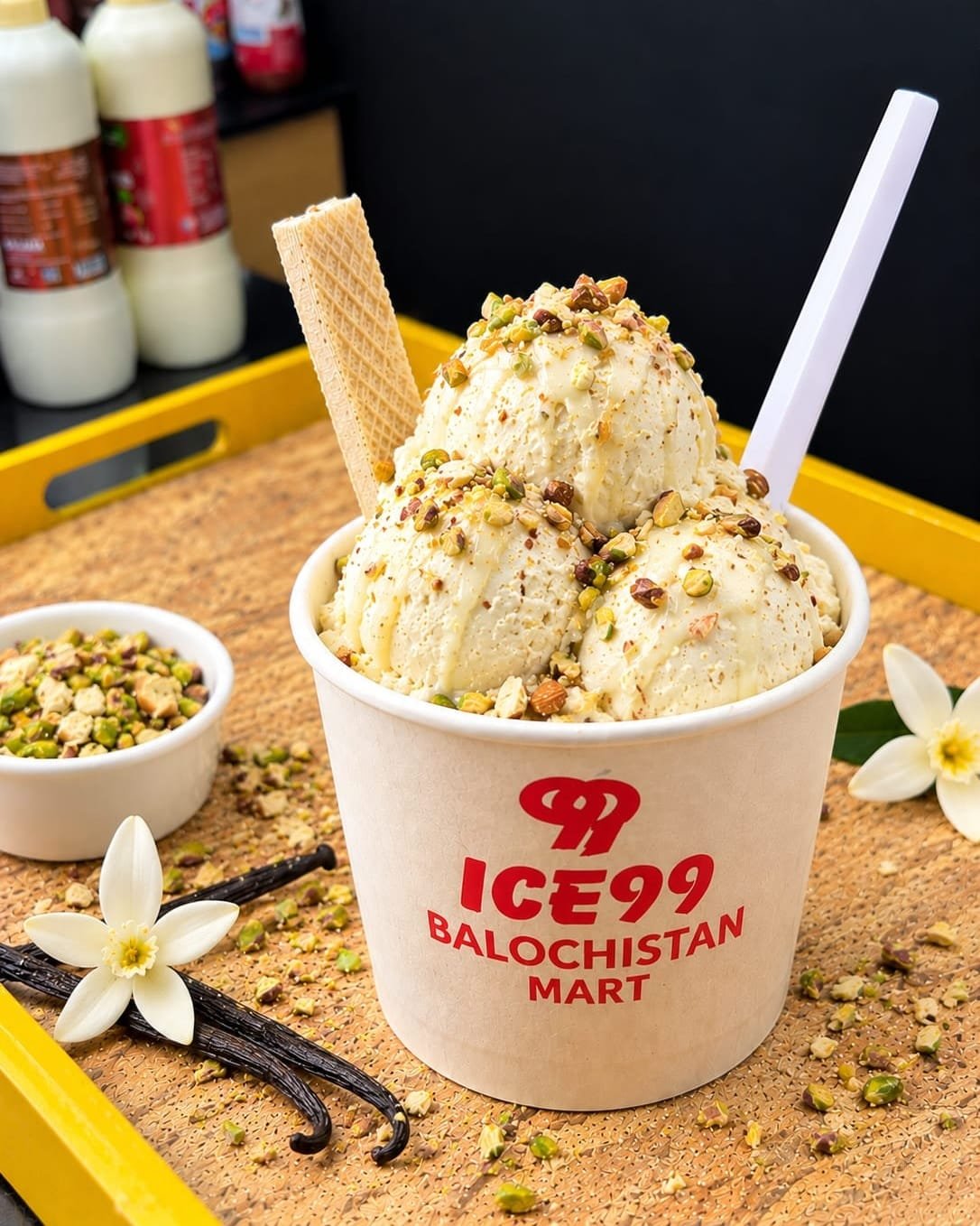 ICE99 vanilla ice cream with pistachios in a Balochistan Mart cup